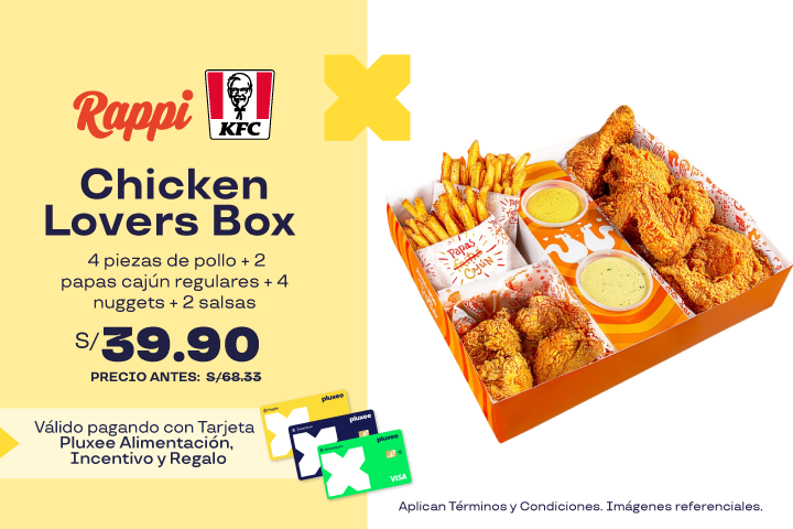 49% OFF EN CHICKEN LOVERS BOX: 4 PIEZAS DE POLLO + 2 PAPAS CAJÚN REGULARES + 4 NUGGETS + 2 SALSAS  A S/39.90